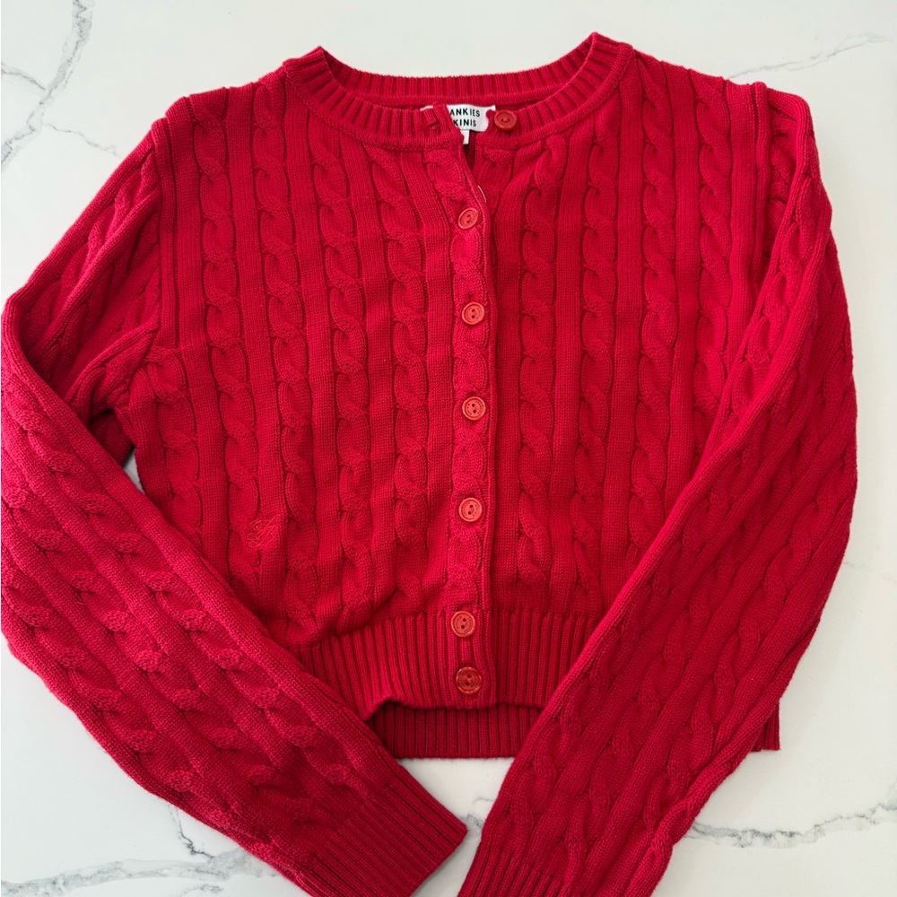 Frankie's Bikinis Cherry Red Cable Knit Cardigan